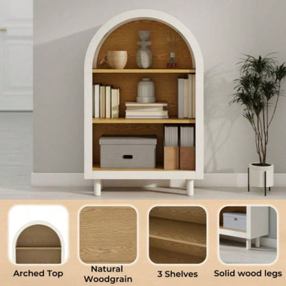 Arched Small Bookcase, Arched Storage Cabinet, Wooden Modern Arched Top Bookshelf with 3 Shelves, White with Woodgrain Shelves, 3 - Tier Storage Shelf Living Room, Bedroom, Entryway