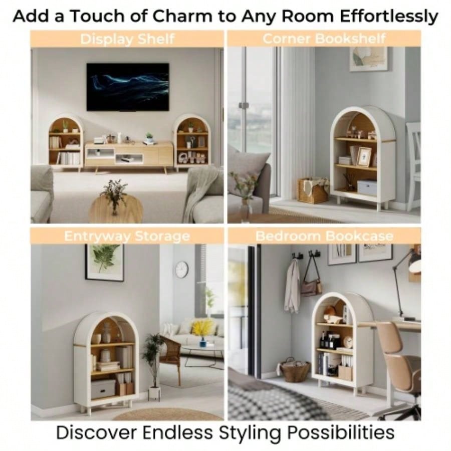 Arched Small Bookcase, Arched Storage Cabinet, Wooden Modern Arched Top Bookshelf with 3 Shelves, White with Woodgrain Shelves, 3 - Tier Storage Shelf Living Room, Bedroom, Entryway