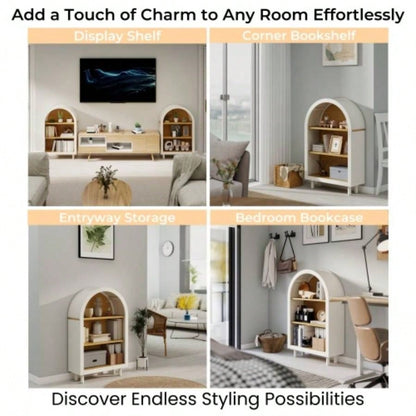 Arched Small Bookcase, Arched Storage Cabinet, Wooden Modern Arched Top Bookshelf with 3 Shelves, White with Woodgrain Shelves, 3 - Tier Storage Shelf Living Room, Bedroom, Entryway