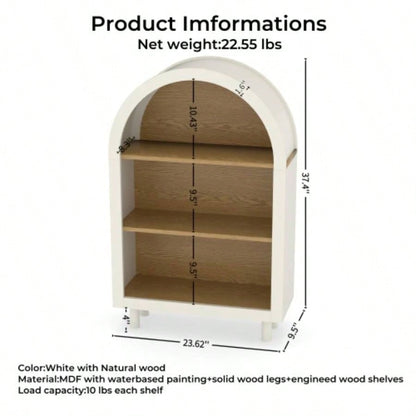 Arched Small Bookcase, Arched Storage Cabinet, Wooden Modern Arched Top Bookshelf with 3 Shelves, White with Woodgrain Shelves, 3 - Tier Storage Shelf Living Room, Bedroom, Entryway