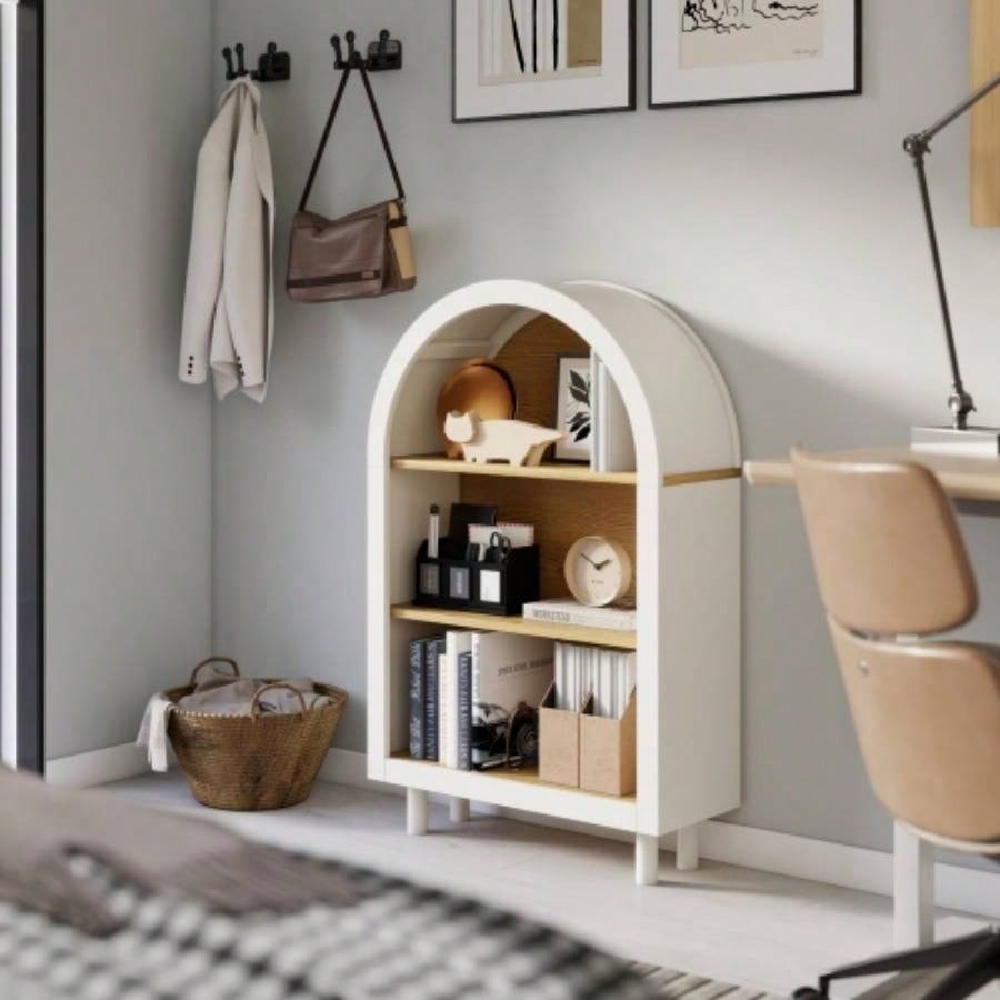 Arched Small Bookcase, Arched Storage Cabinet, Wooden Modern Arched Top Bookshelf with 3 Shelves, White with Woodgrain Shelves, 3 - Tier Storage Shelf Living Room, Bedroom, Entryway