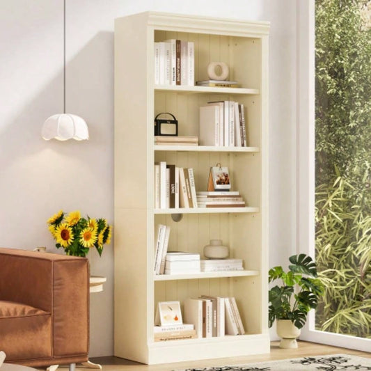 83.4 Tall Wood Bookcase with light strip, 5 - Tier Decor Bookshelves with Adjustable Shelves, Storage Organizer CDs/Books, Standing Storage Shelves Living Room, Home Office, Beige and Yellow