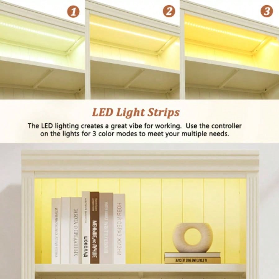 83.4 Tall Wood Bookcase with light strip, 5 - Tier Decor Bookshelves with Adjustable Shelves, Storage Organizer CDs/Books, Standing Storage Shelves Living Room, Home Office, Beige and Yellow