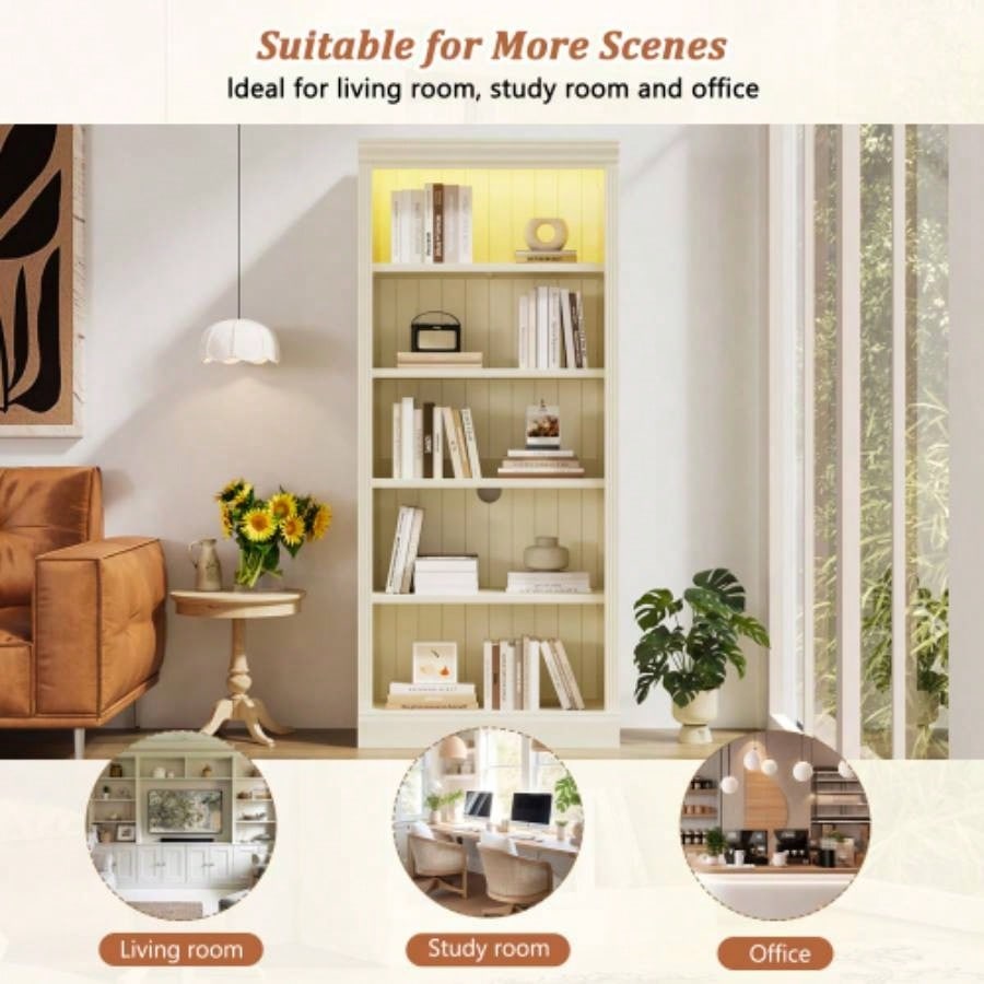 83.4 Tall Wood Bookcase with light strip, 5 - Tier Decor Bookshelves with Adjustable Shelves, Storage Organizer CDs/Books, Standing Storage Shelves Living Room, Home Office, Beige and Yellow