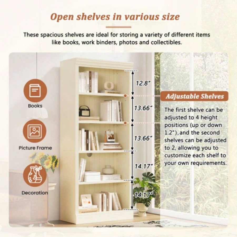 83.4 Tall Wood Bookcase with light strip, 5 - Tier Decor Bookshelves with Adjustable Shelves, Storage Organizer CDs/Books, Standing Storage Shelves Living Room, Home Office, Beige and Yellow