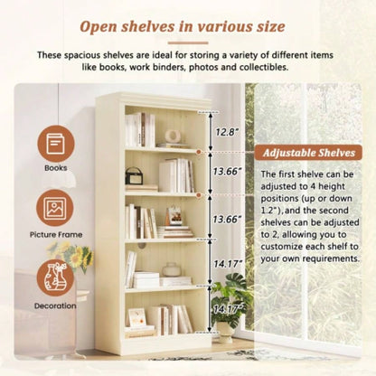 83.4 Tall Wood Bookcase with light strip, 5 - Tier Decor Bookshelves with Adjustable Shelves, Storage Organizer CDs/Books, Standing Storage Shelves Living Room, Home Office, Beige and Yellow
