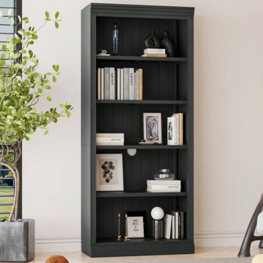 83.4 Tall Wood Bookcase with light strip, 5 - Tier Decor Bookshelves with Adjustable Shelves, Storage Organizer CDs/Books, Standing Storage Shelves Living Room, Home Office, Beige and Yellow