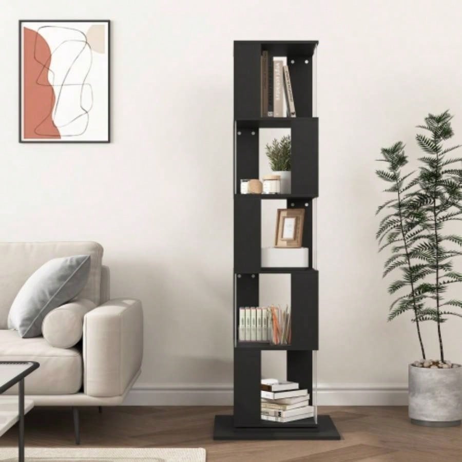 5 tier Rotating Bookshelf, Floor Rack Simple Bookcase with Acrylic plate Student Multi - Function Bookshelf Living Room with anti - toppling base