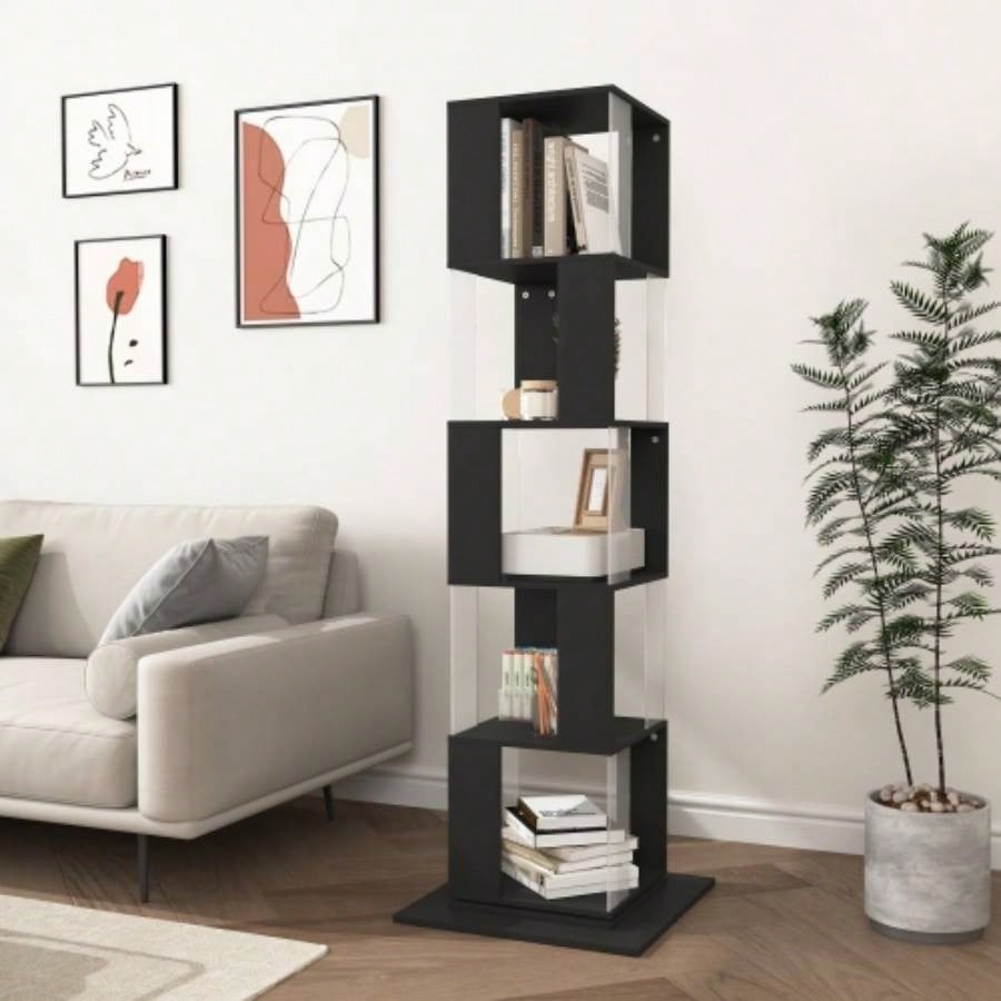 5 tier Rotating Bookshelf, Floor Rack Simple Bookcase with Acrylic plate Student Multi - Function Bookshelf Living Room with anti - toppling base