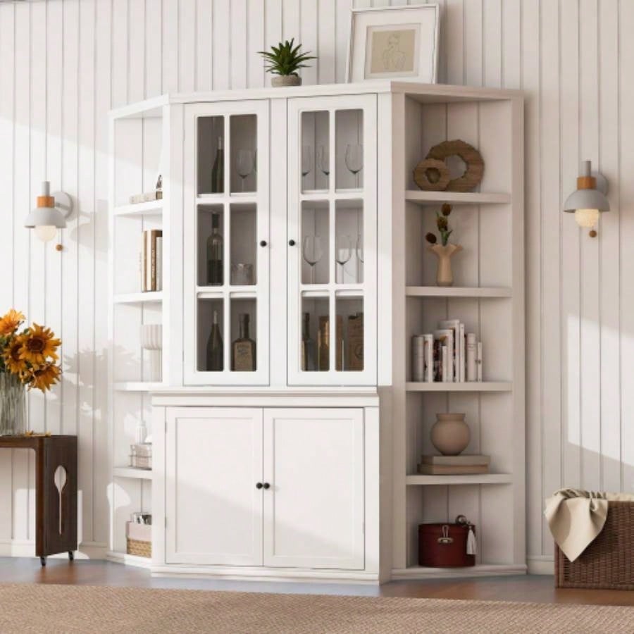 2x 75.25 Tall Sided Bookshelves, Set of Two 5 - Tier Sided Bookcase - White - Olny Sold with Paired Cabinets