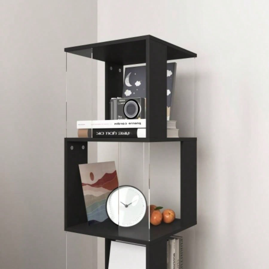 5 tier Rotating Bookshelf, Floor Rack Simple Bookcase with Acrylic plate Student Multi - Function Bookshelf Living Room with anti - toppling base