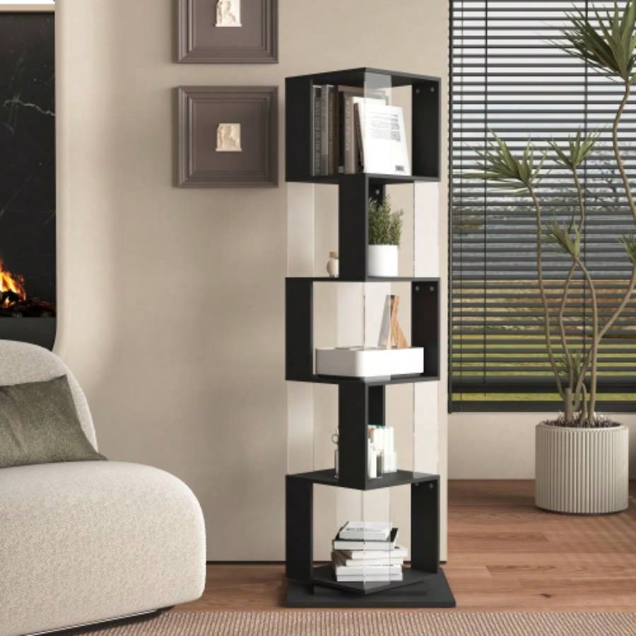 5 tier Rotating Bookshelf, Floor Rack Simple Bookcase with Acrylic plate Student Multi - Function Bookshelf Living Room with anti - toppling base