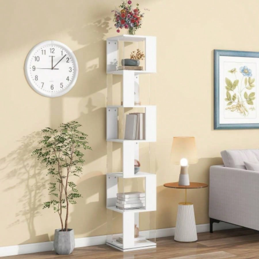 5 tier Rotating Bookshelf, Floor Rack Simple Bookcase with Acrylic plate Student Multi - Function Bookshelf Living Room with anti - toppling base