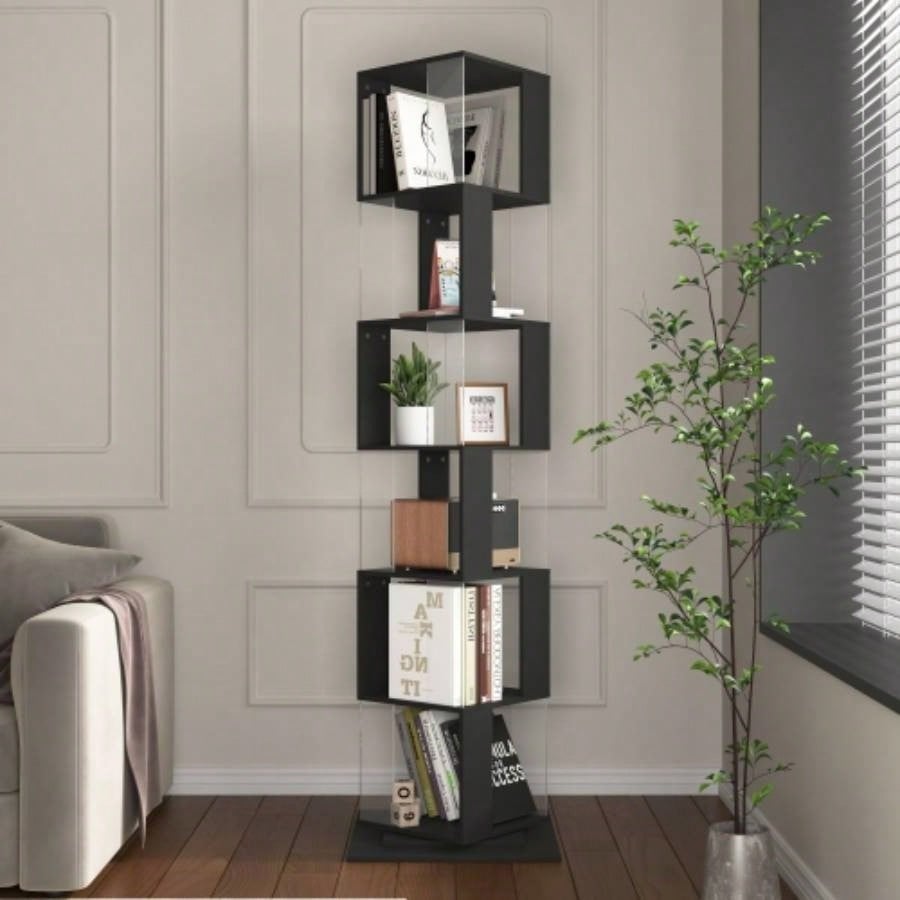 5 tier Rotating Bookshelf, Floor Rack Simple Bookcase with Acrylic plate Student Multi - Function Bookshelf Living Room with anti - toppling base