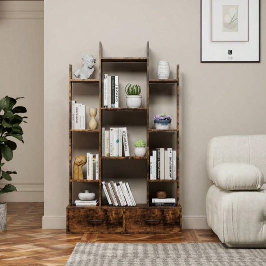 Bookshelf with 2 Drawers, Industrial Freestanding Open Display Shelving, Vintage Open Bookcase, 12 Storage Shelves, Book Bedroom, Living Room, Home Office, Rustic Brown