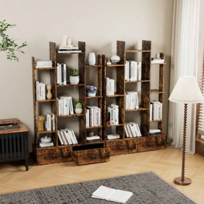 Bookshelf with 2 Drawers, Industrial Freestanding Open Display Shelving, Vintage Open Bookcase, 12 Storage Shelves, Book Bedroom, Living Room, Home Office, Rustic Brown