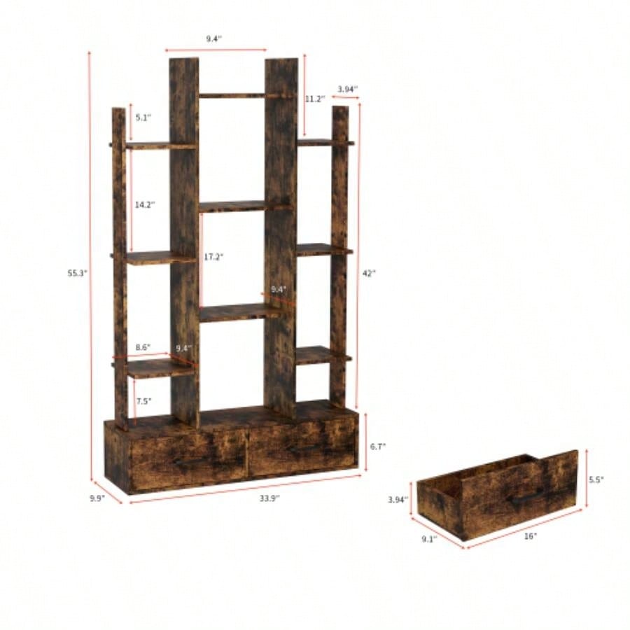 Bookshelf with 2 Drawers, Industrial Freestanding Open Display Shelving, Vintage Open Bookcase, 12 Storage Shelves, Book Bedroom, Living Room, Home Office, Rustic Brown