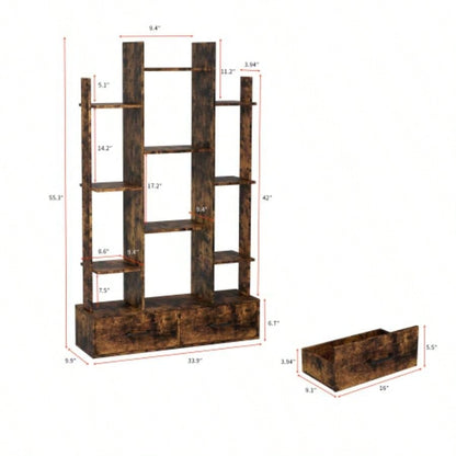 Bookshelf with 2 Drawers, Industrial Freestanding Open Display Shelving, Vintage Open Bookcase, 12 Storage Shelves, Book Bedroom, Living Room, Home Office, Rustic Brown