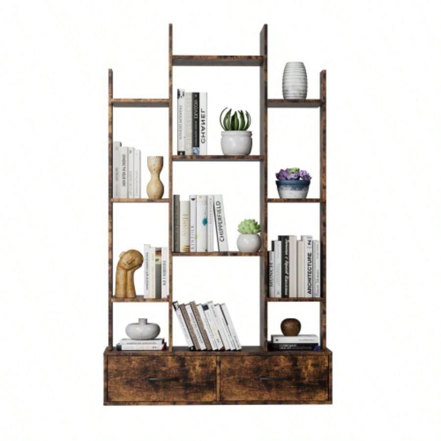 Bookshelf with 2 Drawers, Industrial Freestanding Open Display Shelving, Vintage Open Bookcase, 12 Storage Shelves, Book Bedroom, Living Room, Home Office, Rustic Brown