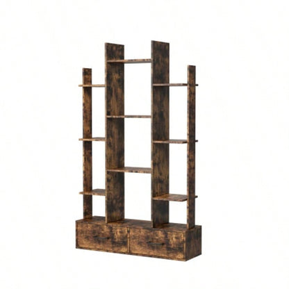Bookshelf with 2 Drawers, Industrial Freestanding Open Display Shelving, Vintage Open Bookcase, 12 Storage Shelves, Book Bedroom, Living Room, Home Office, Rustic Brown