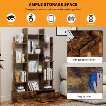 Bookshelf with 2 Drawers, Industrial Freestanding Open Display Shelving, Vintage Open Bookcase, 12 Storage Shelves, Book Bedroom, Living Room, Home Office, Rustic Brown