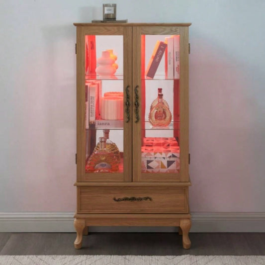 Lighted Curio Cabinet - Elegant Glass Display Cabinet with Adjustable Shelves, 2 Doors, and 1 Drawer - Wine Storage Sideboard with Included Bulb - Light Oak