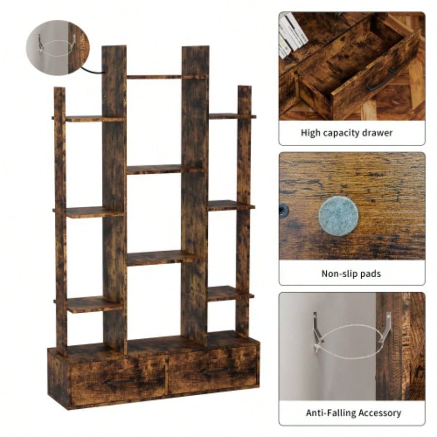 Bookshelf with 2 Drawers, Industrial Freestanding Open Display Shelving, Vintage Open Bookcase, 12 Storage Shelves, Book Bedroom, Living Room, Home Office, Rustic Brown