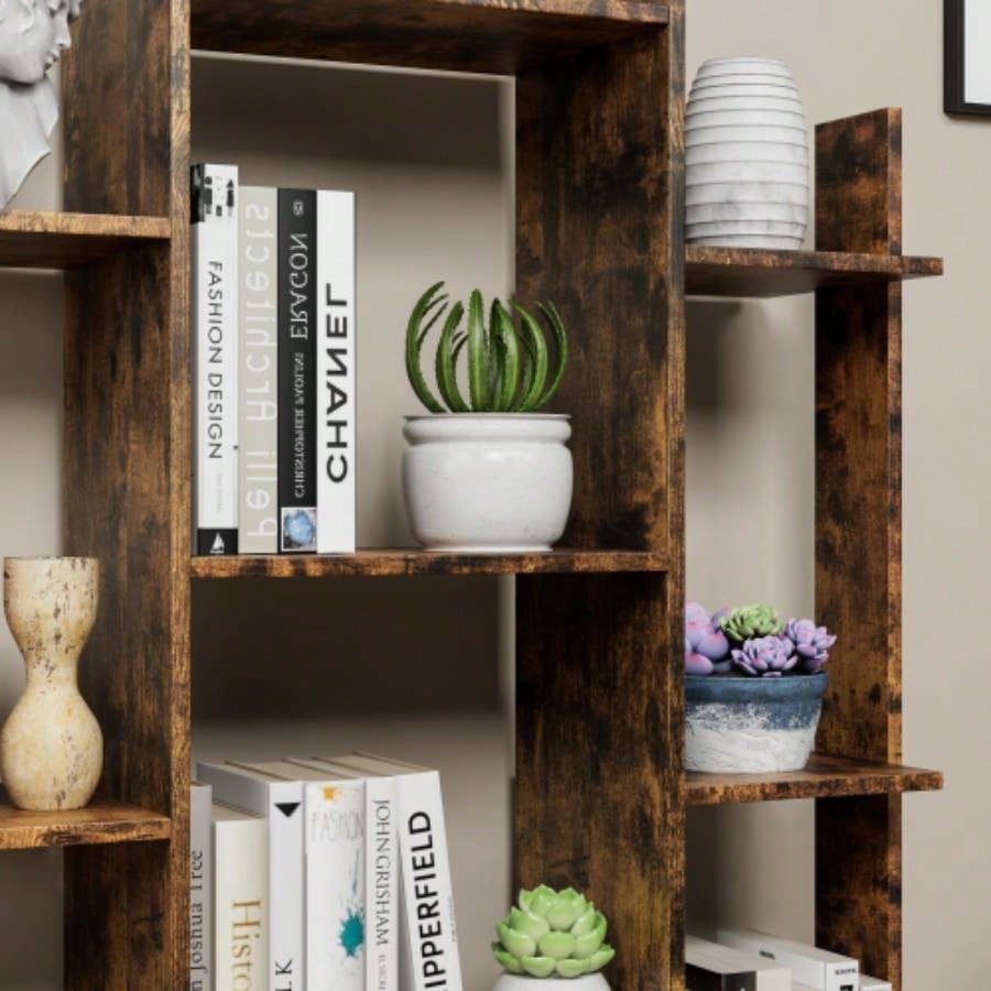 Bookshelf with 2 Drawers, Industrial Freestanding Open Display Shelving, Vintage Open Bookcase, 12 Storage Shelves, Book Bedroom, Living Room, Home Office, Rustic Brown