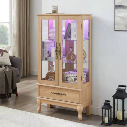 Lighted Curio Cabinet - Elegant Glass Display Cabinet with Adjustable Shelves, 2 Doors, and 1 Drawer - Wine Storage Sideboard with Included Bulb - Light Oak