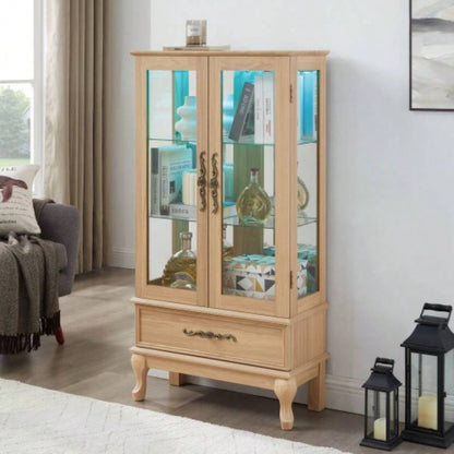Lighted Curio Cabinet - Elegant Glass Display Cabinet with Adjustable Shelves, 2 Doors, and 1 Drawer - Wine Storage Sideboard with Included Bulb - Light Oak