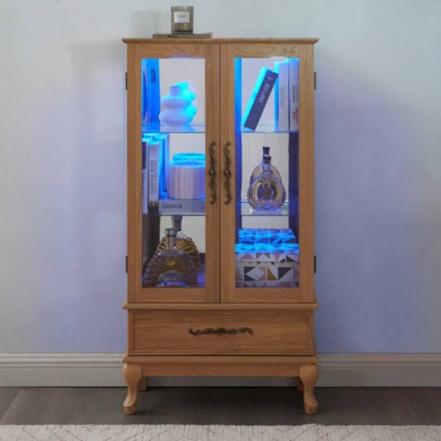 Lighted Curio Cabinet - Elegant Glass Display Cabinet with Adjustable Shelves, 2 Doors, and 1 Drawer - Wine Storage Sideboard with Included Bulb - Light Oak