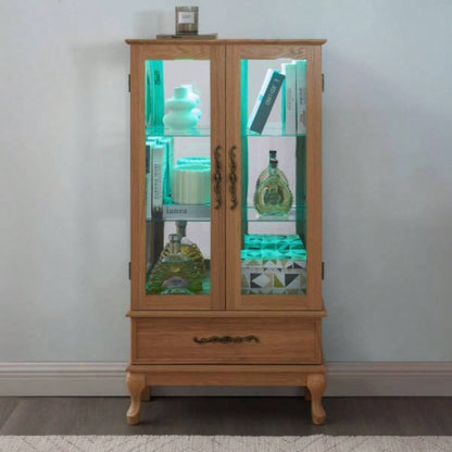 Lighted Curio Cabinet - Elegant Glass Display Cabinet with Adjustable Shelves, 2 Doors, and 1 Drawer - Wine Storage Sideboard with Included Bulb - Light Oak
