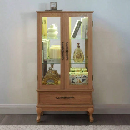 Lighted Curio Cabinet - Elegant Glass Display Cabinet with Adjustable Shelves, 2 Doors, and 1 Drawer - Wine Storage Sideboard with Included Bulb - Light Oak
