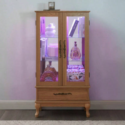 Lighted Curio Cabinet - Elegant Glass Display Cabinet with Adjustable Shelves, 2 Doors, and 1 Drawer - Wine Storage Sideboard with Included Bulb - Light Oak