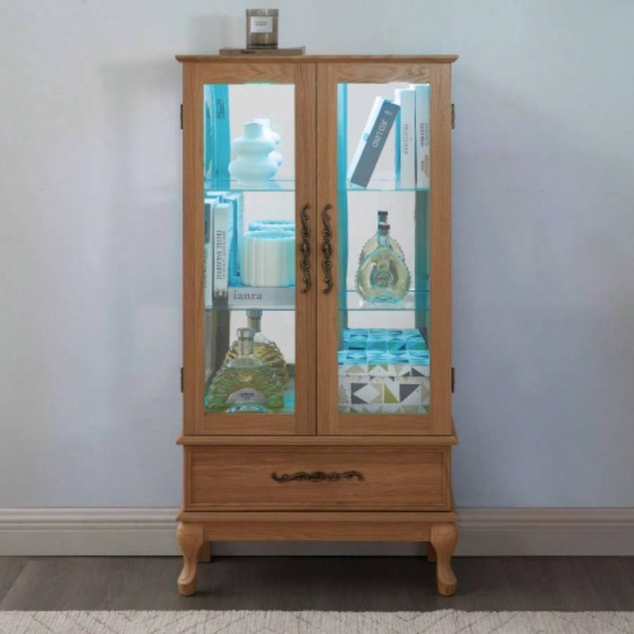 Lighted Curio Cabinet - Elegant Glass Display Cabinet with Adjustable Shelves, 2 Doors, and 1 Drawer - Wine Storage Sideboard with Included Bulb - Light Oak