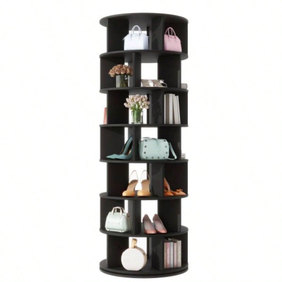 ON - TREND 23.6 Rotating Shoe Rack Tower, - Tier Spinning Shoe Shelf with 5 Grids Per Layer, Display Rack, 360 Revolving Shoe Carousel Closet Organizer Entryway, Living Room, Black