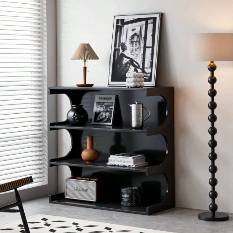 Multifunctional 4 - Tier Black Book Shelf Coffee Table Living Room Dining Room Study Entryway, Furniture Floor Bookshelf, Minimalist Organizer Storage Shelves