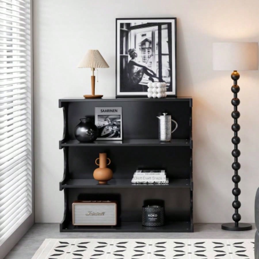 Multifunctional 4 - Tier Black Book Shelf Coffee Table Living Room Dining Room Study Entryway, Furniture Floor Bookshelf, Minimalist Organizer Storage Shelves