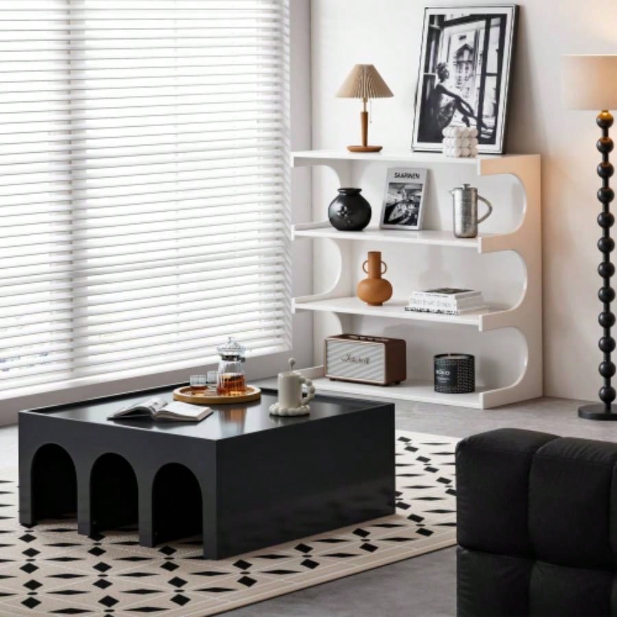 Multifunctional 4 - Tier Black Book Shelf Coffee Table Living Room Dining Room Study Entryway, Furniture Floor Bookshelf, Minimalist Organizer Storage Shelves