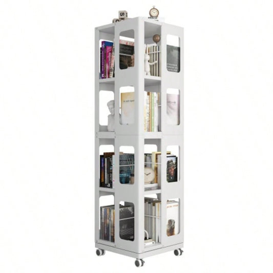 4 - Tier All - Steel Rotating Bookshelf with 360 Wheels, Large Size Sturdy Spacious Book Rack, New Style White Bookshelf, Easy Assembly