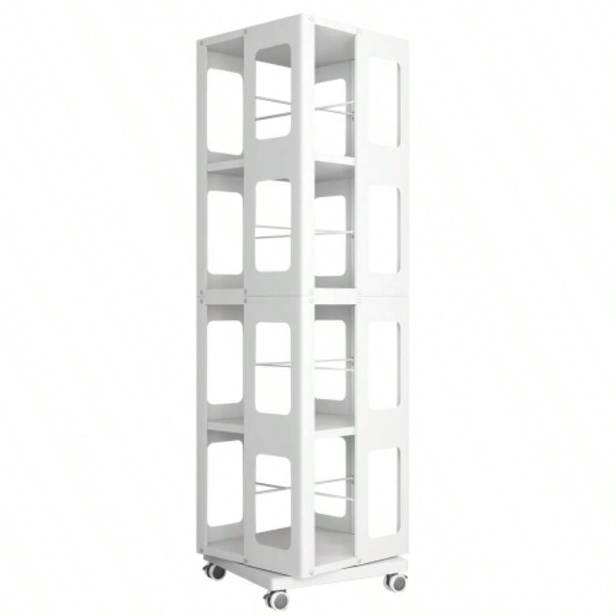4 - Tier All - Steel Rotating Bookshelf with 360 Wheels, Large Size Sturdy Spacious Book Rack, New Style White Bookshelf, Easy Assembly