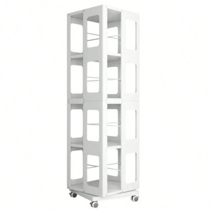 4 - Tier All - Steel Rotating Bookshelf with 360 Wheels, Large Size Sturdy Spacious Book Rack, New Style White Bookshelf, Easy Assembly