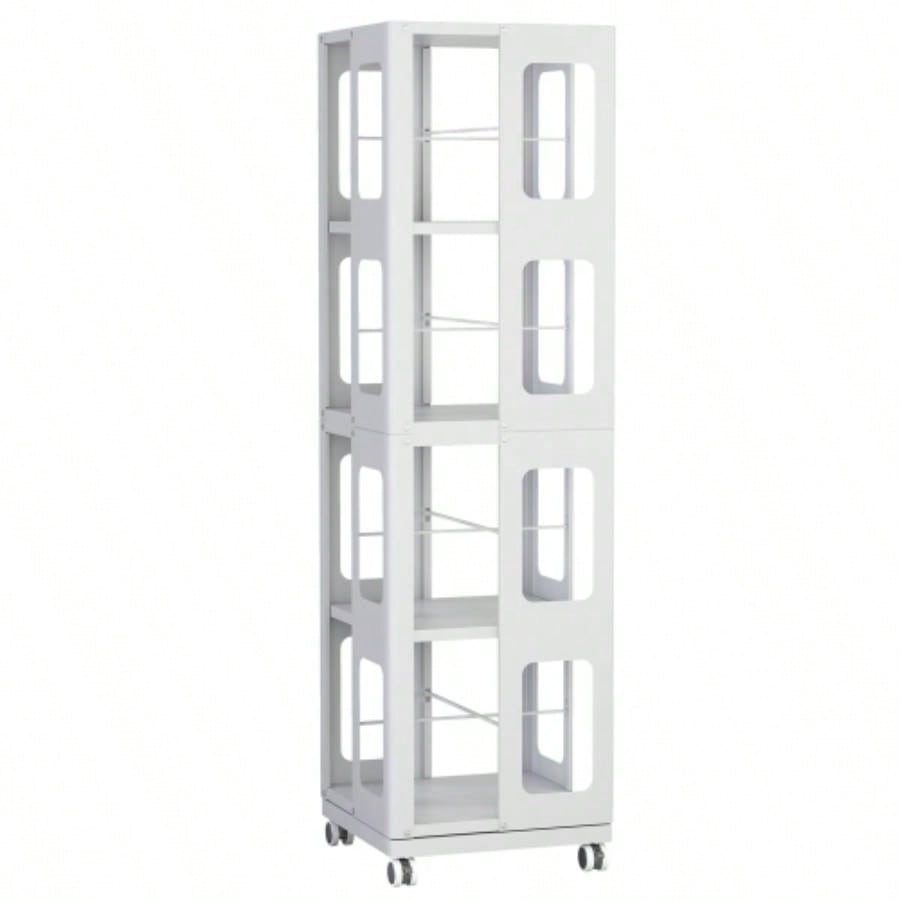 4 - Tier All - Steel Rotating Bookshelf with 360 Wheels, Large Size Sturdy Spacious Book Rack, New Style White Bookshelf, Easy Assembly