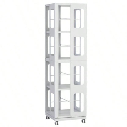 4 - Tier All - Steel Rotating Bookshelf with 360 Wheels, Large Size Sturdy Spacious Book Rack, New Style White Bookshelf, Easy Assembly