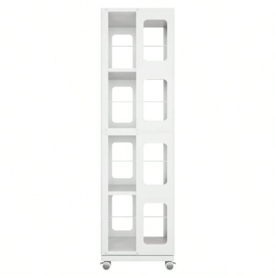 4 - Tier All - Steel Rotating Bookshelf with 360 Wheels, Large Size Sturdy Spacious Book Rack, New Style White Bookshelf, Easy Assembly