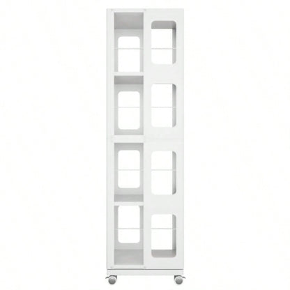 4 - Tier All - Steel Rotating Bookshelf with 360 Wheels, Large Size Sturdy Spacious Book Rack, New Style White Bookshelf, Easy Assembly