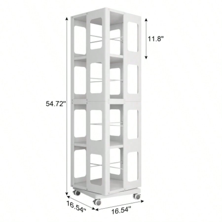 4 - Tier All - Steel Rotating Bookshelf with 360 Wheels, Large Size Sturdy Spacious Book Rack, New Style White Bookshelf, Easy Assembly