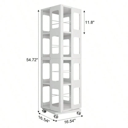 4 - Tier All - Steel Rotating Bookshelf with 360 Wheels, Large Size Sturdy Spacious Book Rack, New Style White Bookshelf, Easy Assembly
