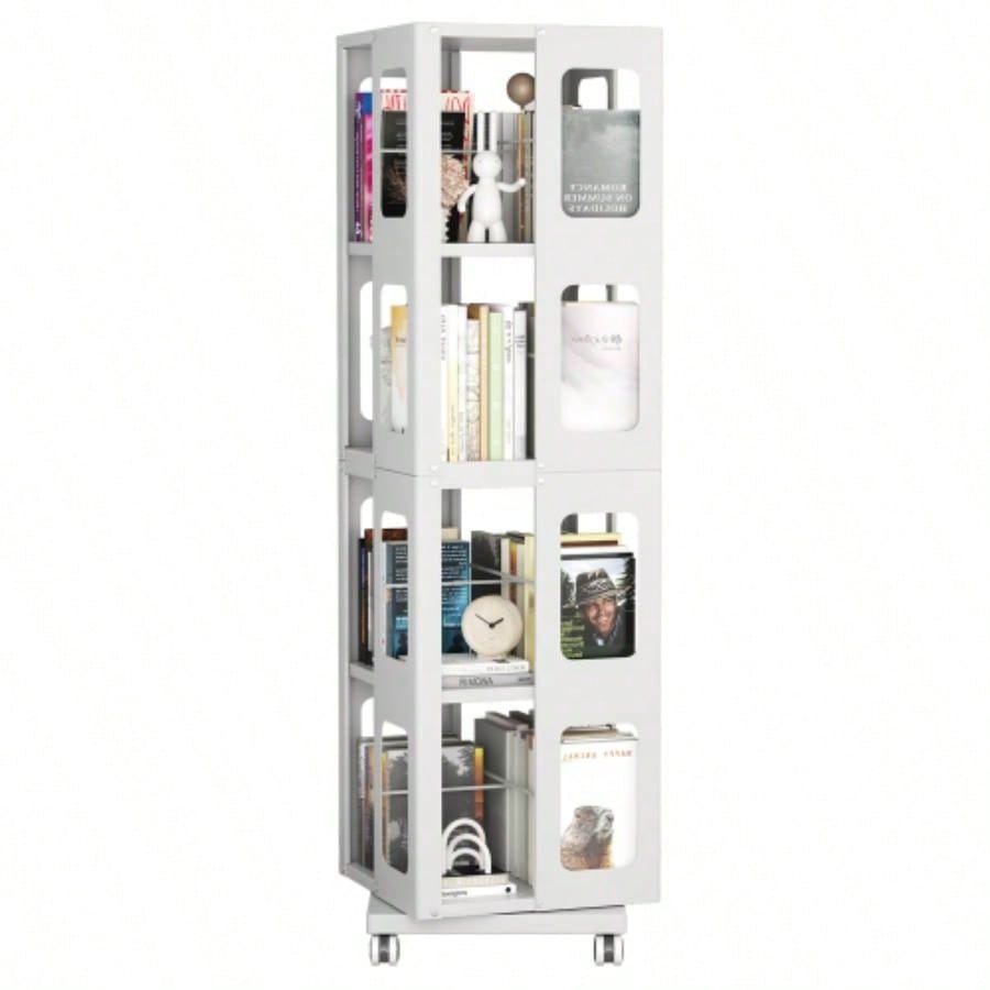4 - Tier All - Steel Rotating Bookshelf with 360 Wheels, Large Size Sturdy Spacious Book Rack, New Style White Bookshelf, Easy Assembly