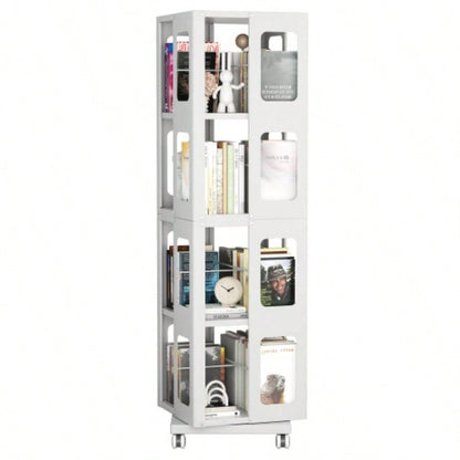 4 - Tier All - Steel Rotating Bookshelf with 360 Wheels, Large Size Sturdy Spacious Book Rack, New Style White Bookshelf, Easy Assembly